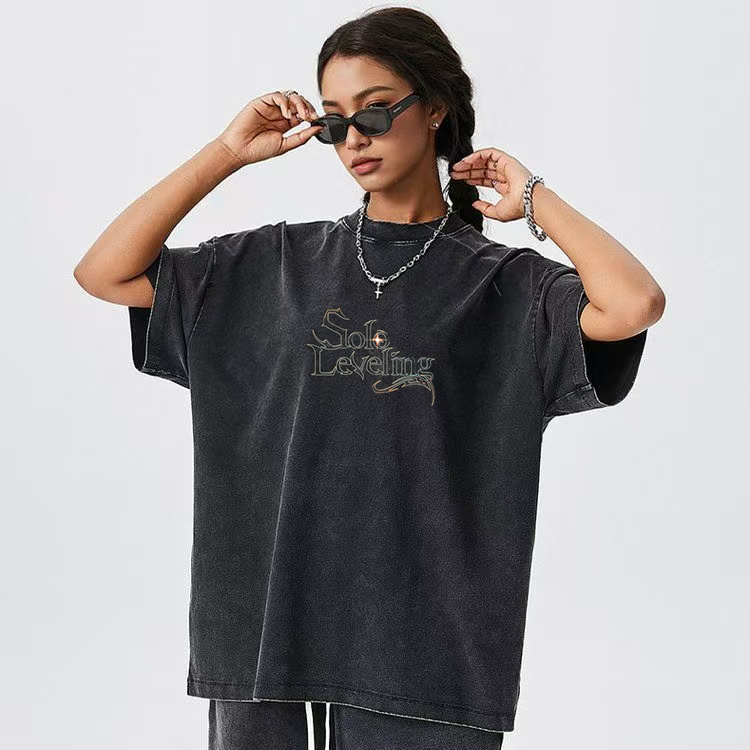 Anime Merchandise Solo Leveling - Mannen Vrouwen Vintage Gewassen Katoenen T-shirt